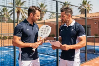 Deux joueurs de padel en discussion stratégique sur l'inscription au tournoi Point P500 devant un court extérieur