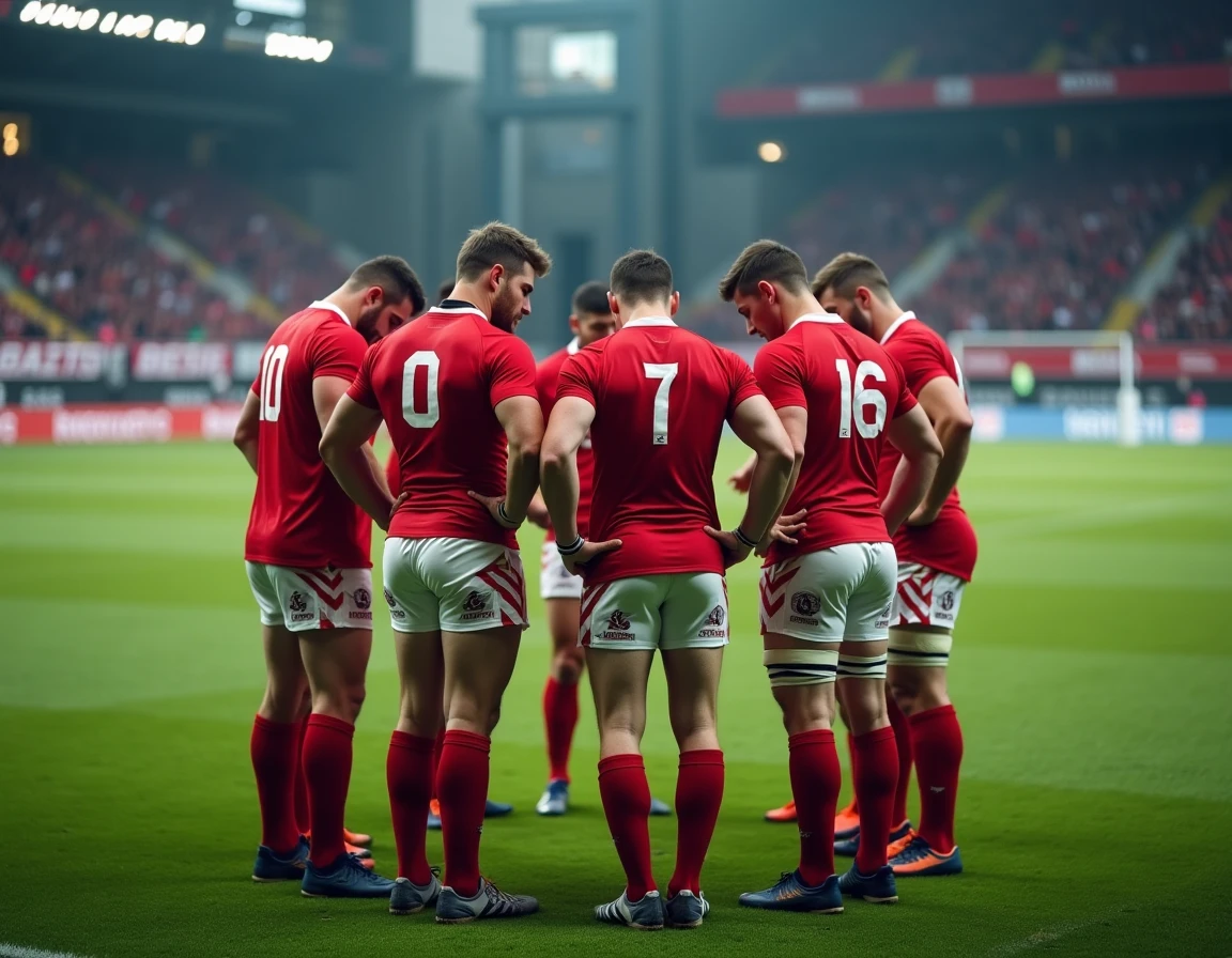 Joueurs de rugby en cercle d'équipe sur un terrain synthétique de stade régional français avant un match de division
