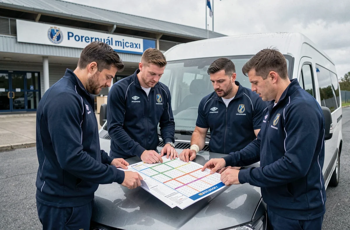 Joueurs de rugby consultant le calendrier des déplacements Fédérale 2 Poule 4 devant un minibus de club