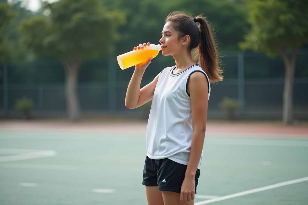 Jeune joueuse de basketball buvant sur un terrain extérieur