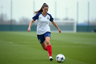 Joueuse de l'équipe de France féminine de football en plein entraînement sur le terrain