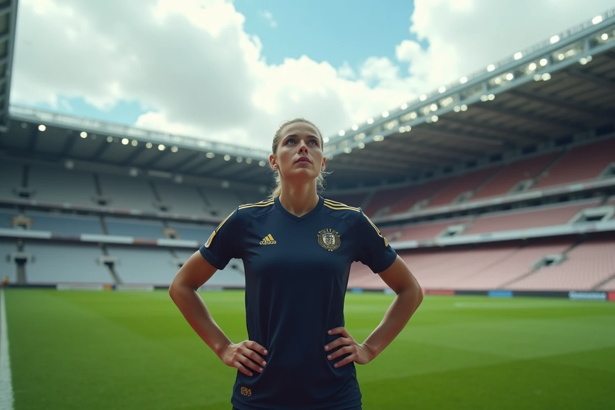 Joueuse française de football contemplant le stade vide avant une grande compétition 2026