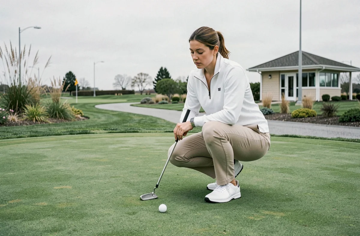 Joueuse de golf en train de lire un green sur un parcours économique en Île-de-France, idéal pour débuter sans se ruiner