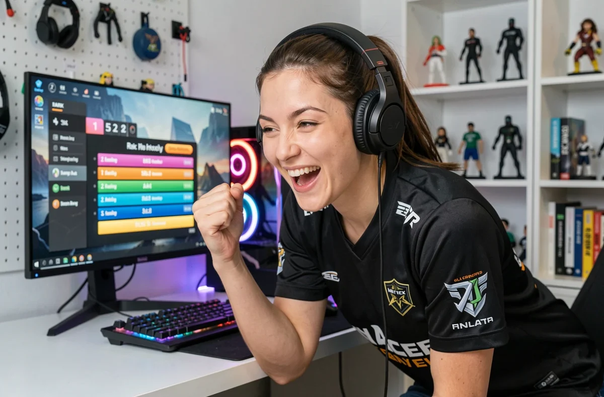 Joueuse de Valorant célébrant une montée en rang sur son écran de jeu