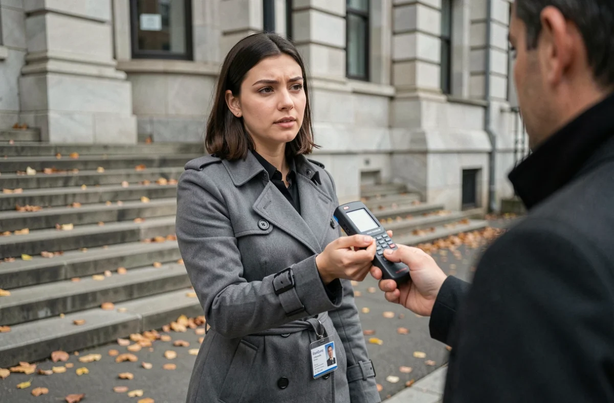 Journaliste femme en reportage extérieur tenant un enregistreur devant un bâtiment institutionnel