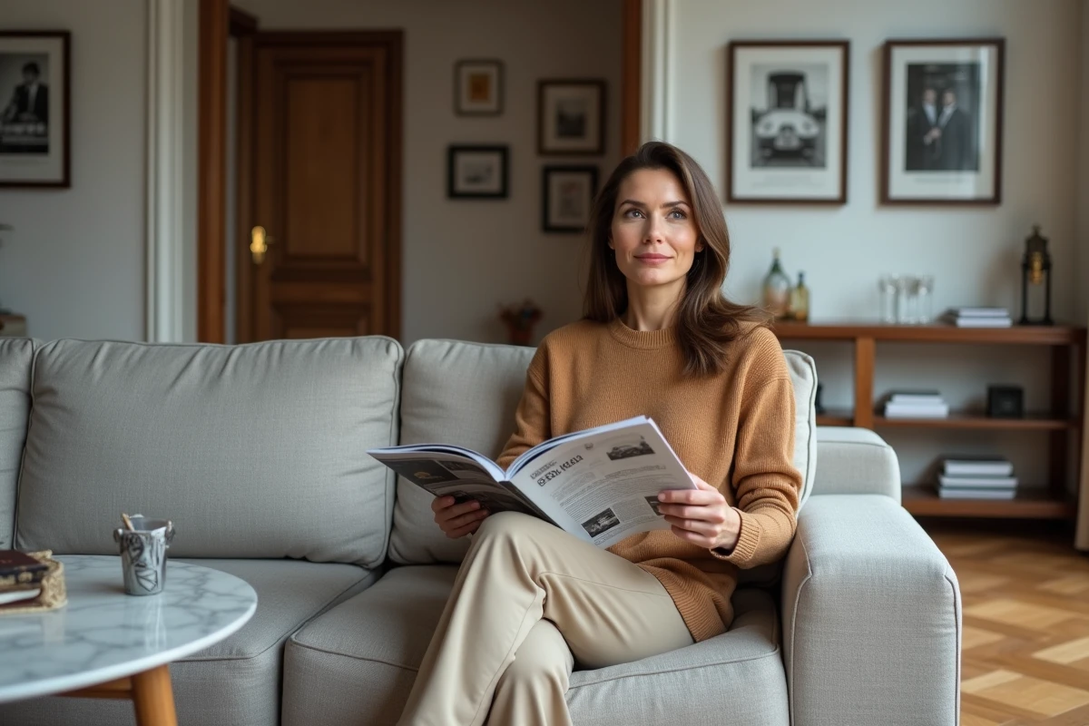 Laurène Godey dans un appartement contemporain décoré de souvenirs de rallye, portrait intimiste évoquant sa vie aux côtés de Sébastien Loeb