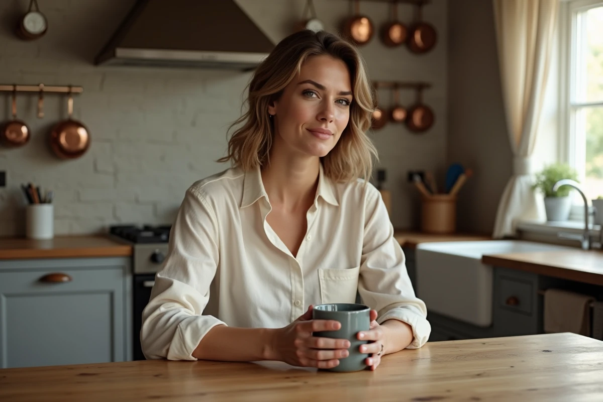 Laurène Godey en moment de détente dans une cuisine chaleureuse, évoquant son quotidien intime loin des circuits de rallye