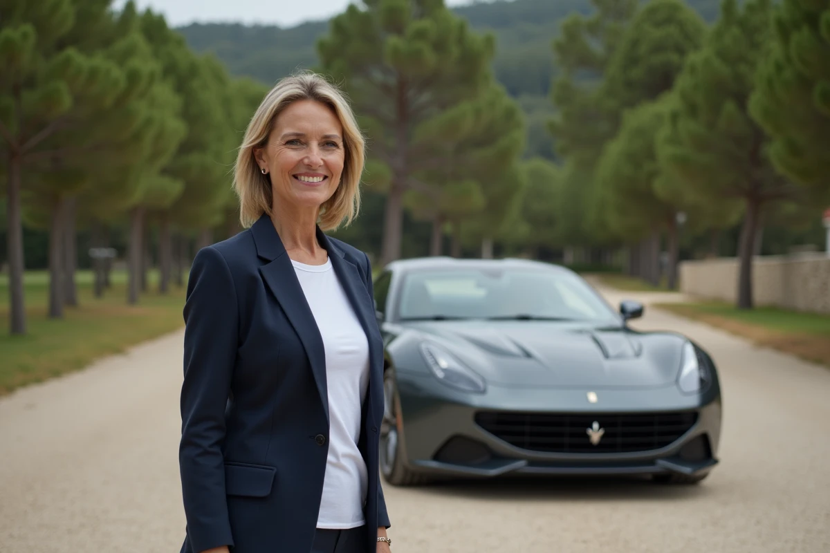 Femme élégante posant près d'une voiture de sport, illustration du quotidien sportif et raffiné aux côtés d'un champion de rallye