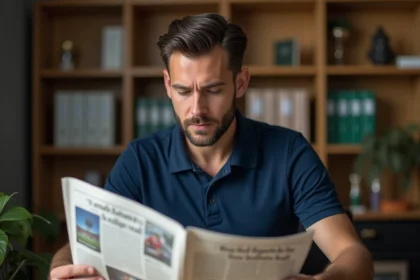 Homme lisant un journal sportif local à son bureau, illustrant la presse sportive régionale d'Amiens