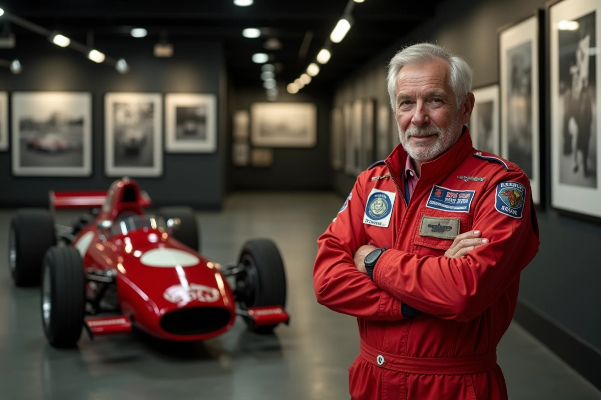 Portrait d'un pilote de Formule 1 vétéran en combinaison rouge vintage aux côtés d'une voiture de course historique dans un musée automobile
