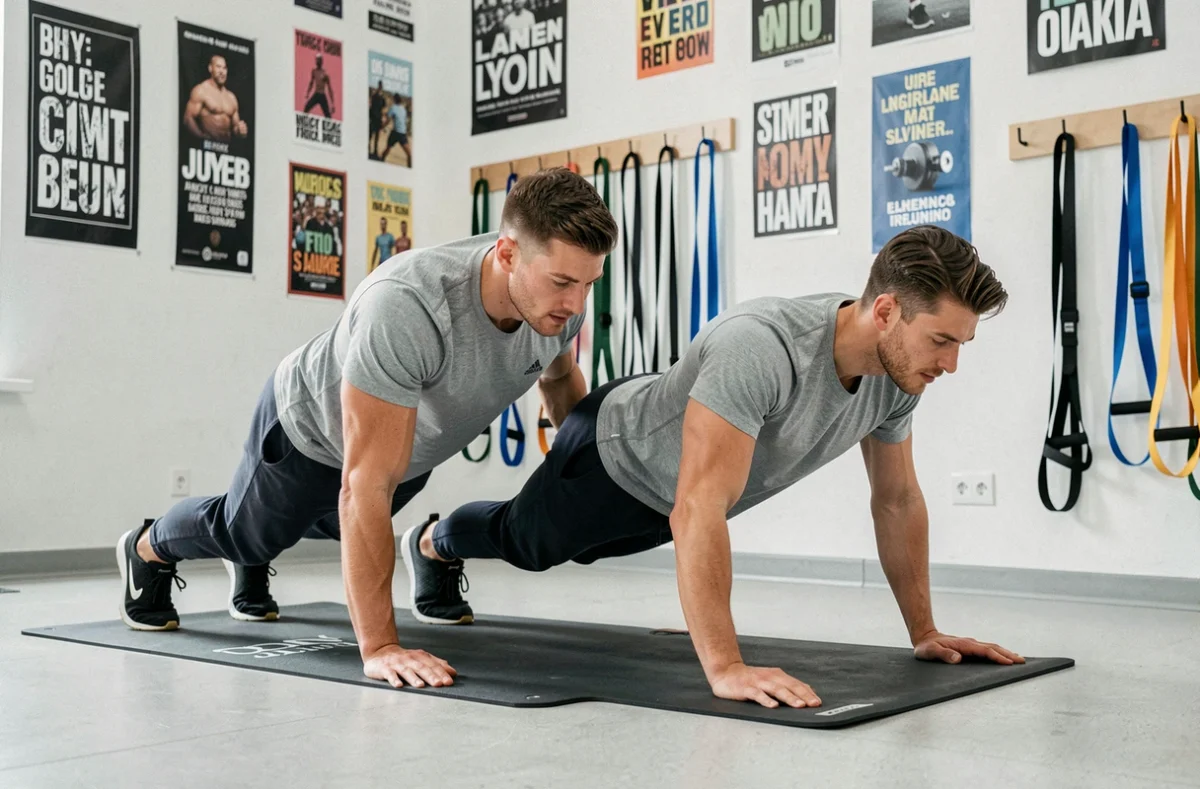 Lucas Hougnon, coach sportif à Lyon, montrant un exercice de pompes à son client dans un studio sportif contemporain