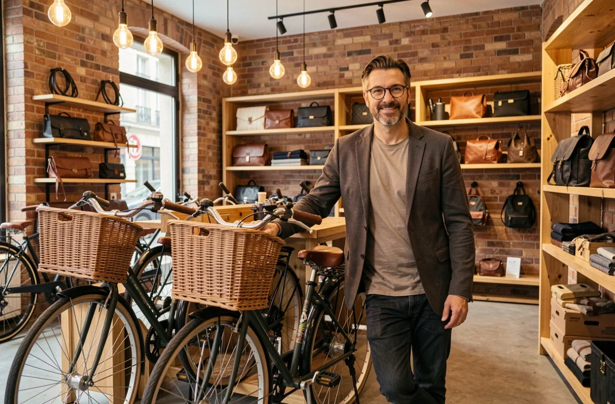 Intérieur de Lyon Cycle Chic dans le 7e arrondissement avec des vélos urbains stylés et le gérant de la boutique