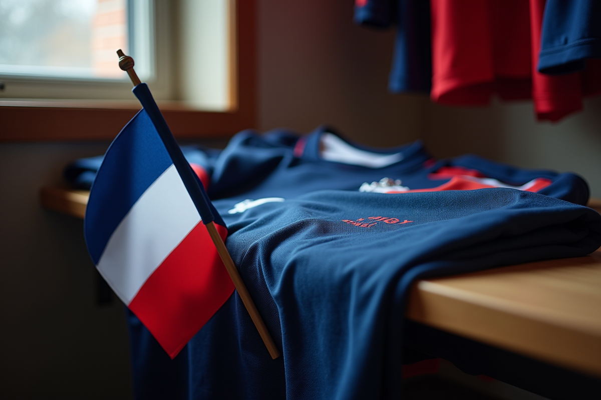 Maillot de rugby français sur un banc de vestiaire avec drapeau