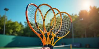 Main tenant une sélection de raquettes de tennis sur court