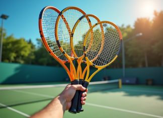 Main tenant une sélection de raquettes de tennis sur court