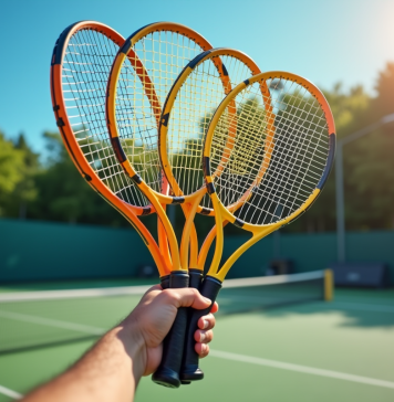 Main tenant une sélection de raquettes de tennis sur court
