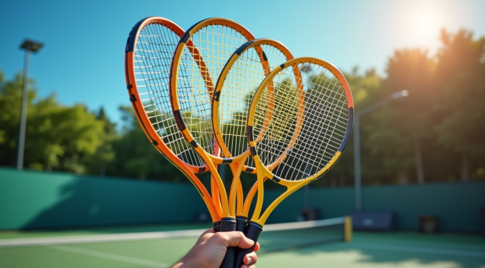Main tenant une sélection de raquettes de tennis sur court