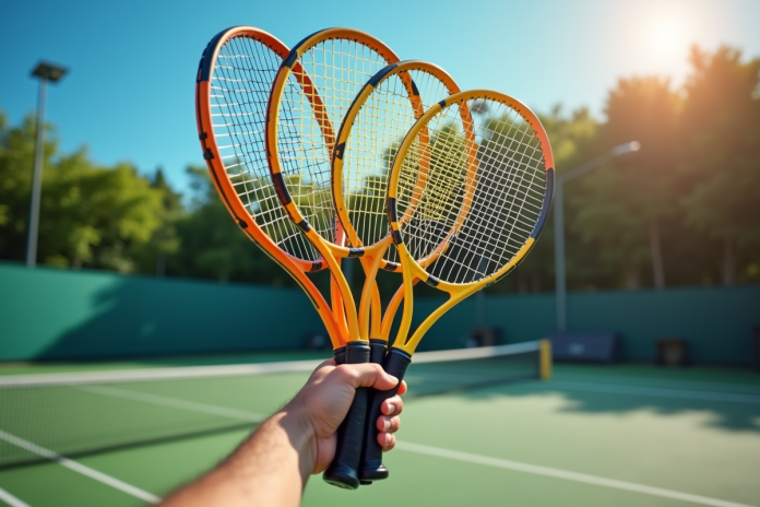 main-selection-raquettes-tennis Main tenant une sélection de raquettes de tennis sur court