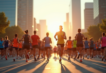 Runners de tous âges au départ d'un marathon urbain en 2025