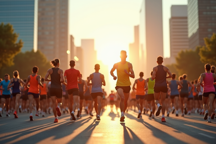 marathonurs-ville-2025 Runners de tous âges au départ d'un marathon urbain en 2025