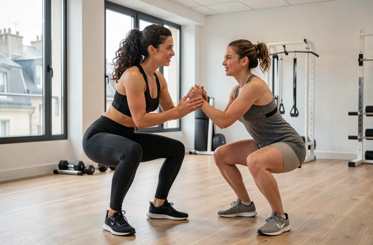 Maria Djebbara, coach sportif à Lyon, guidant une cliente lors d'un exercice de squat dans une salle de fitness moderne