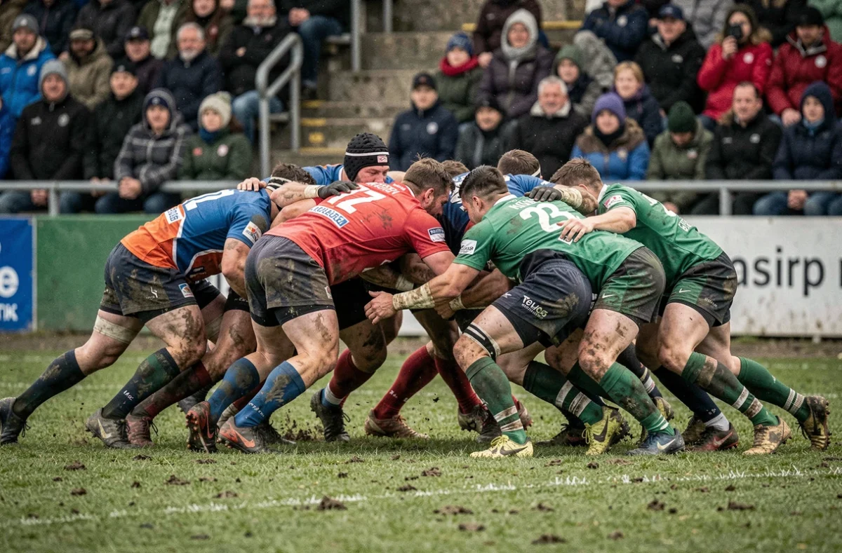 Match de rugby Fédérale 2 Poule 4, mêlée entre deux équipes sur un terrain régional français