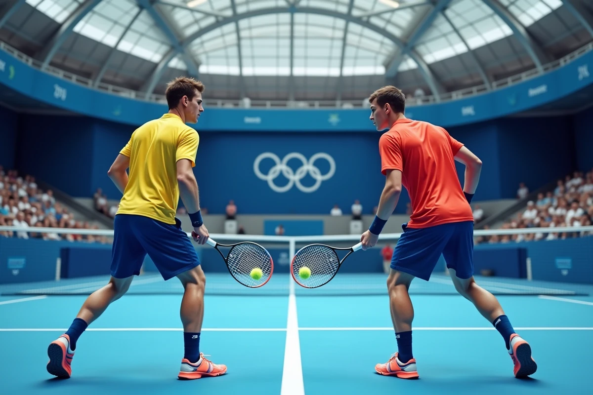 Deux joueurs de tennis s'affrontent sur un court dur bleu lors d'un match olympique, avec les anneaux olympiques visibles en arrière-plan