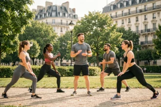 Groupe de sportifs avec un coach dans un parc urbain de Lyon, illustrant le top 10 des coachs sportifs dans le Rhône