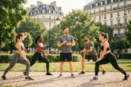 Groupe de sportifs avec un coach dans un parc urbain de Lyon, illustrant le top 10 des coachs sportifs dans le Rhône