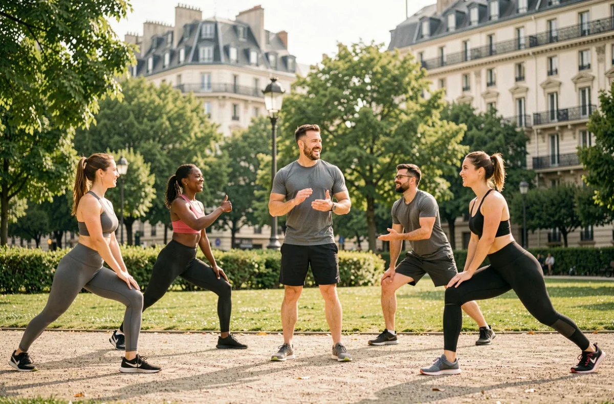 Groupe de sportifs avec un coach dans un parc urbain de Lyon, illustrant le top 10 des coachs sportifs dans le Rhône