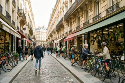 Vue d'ensemble d'une rue commerçante de Lyon avec plusieurs boutiques de vélos et cyclistes qui se baladent