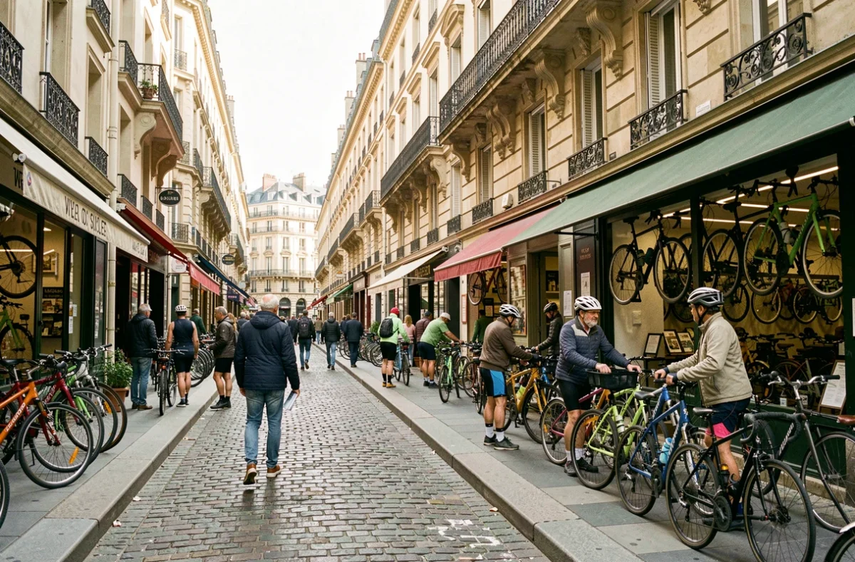 Vue d'ensemble d'une rue commerçante de Lyon avec plusieurs boutiques de vélos et cyclistes qui se baladent