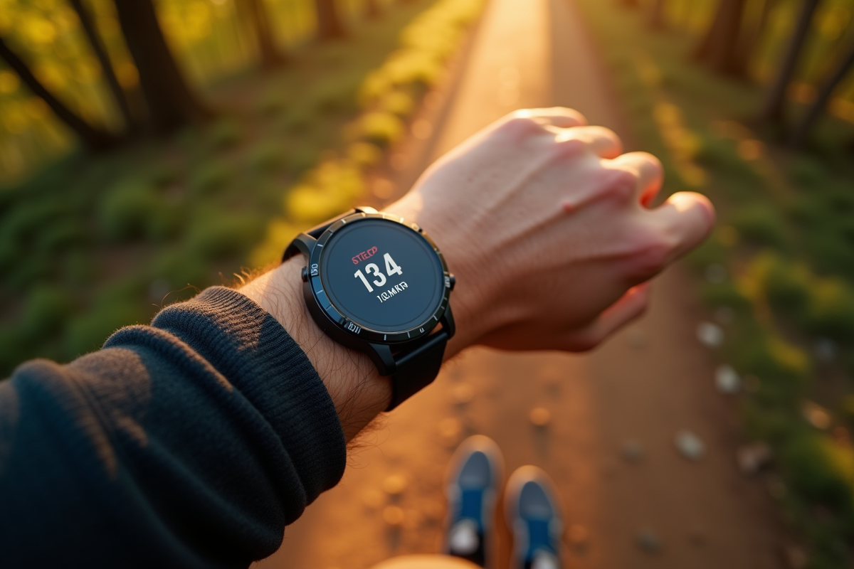 Montre connectee sportive sur un poignet en pleine nature