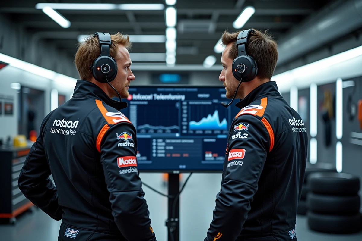 Ingénieur et pilote MotoGP analysant les données de vitesse et de télémétrie dans le garage des stands