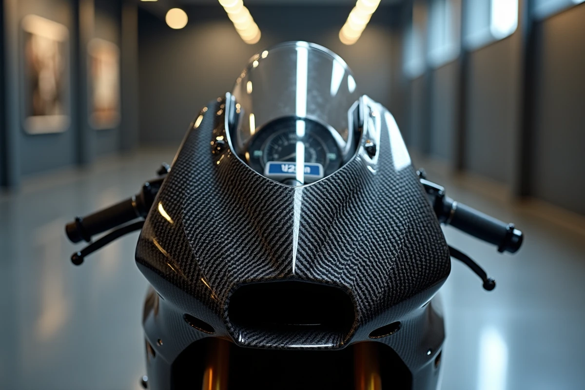 Détail de carénage carbone et tableau de bord d'une moto MotoGP exposée, illustrant les records de vitesse officiels