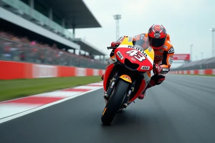 Moto MotoGP en pleine accélération sur ligne droite, vitesse maximale, prise de vue téléobjectif basse