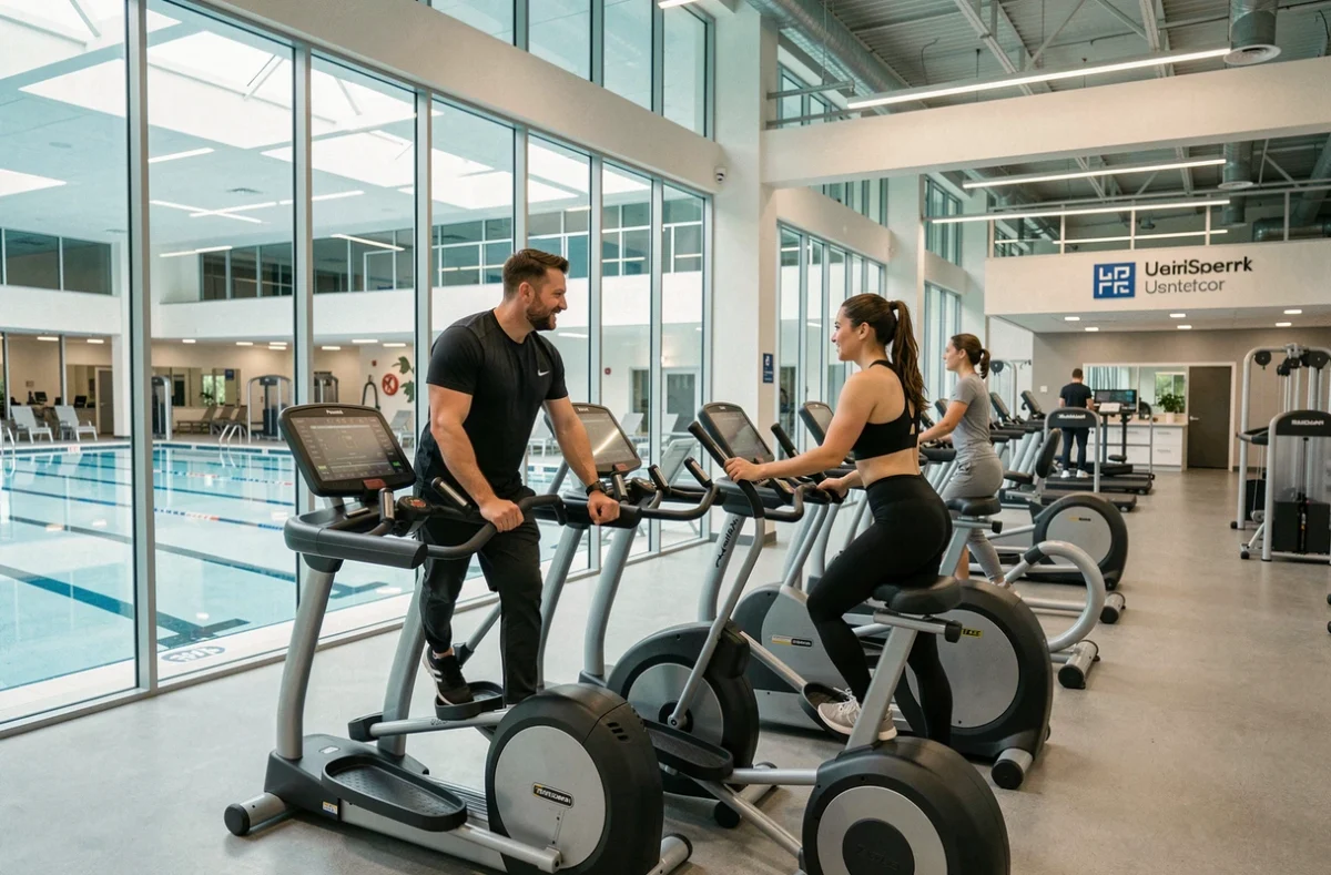 Deux adhérents sur des vélos elliptiques dans la salle de fitness du complexe Odyssée à Metz
