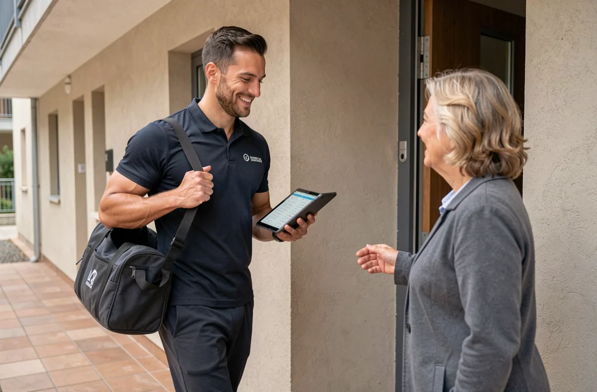Coach sportif à domicile du réseau Ownsport Rhône arrivant chez une cliente à Lyon pour une séance personnalisée