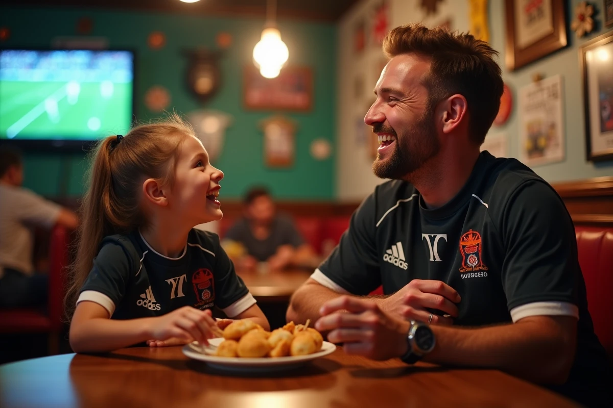 Pere et fille regardant un match de rugby dans un bar
