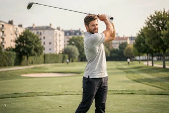 Homme pratiquant le golf sur un parcours public accessible à 30 minutes de Paris, ambiance décontractée et budget raisonnable