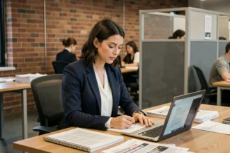Jeune journaliste femme dans une salle de rédaction moderne prenant des notes à son bureau