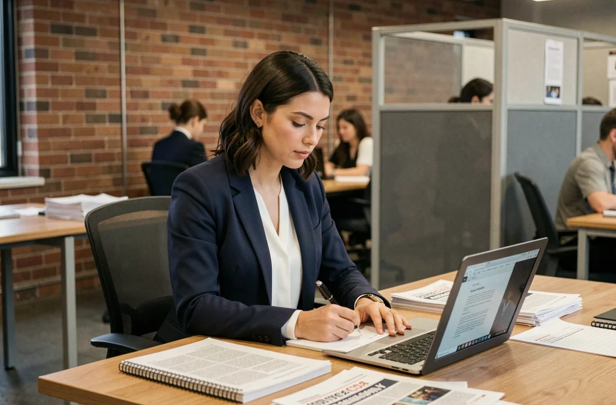 Jeune journaliste femme dans une salle de rédaction moderne prenant des notes à son bureau