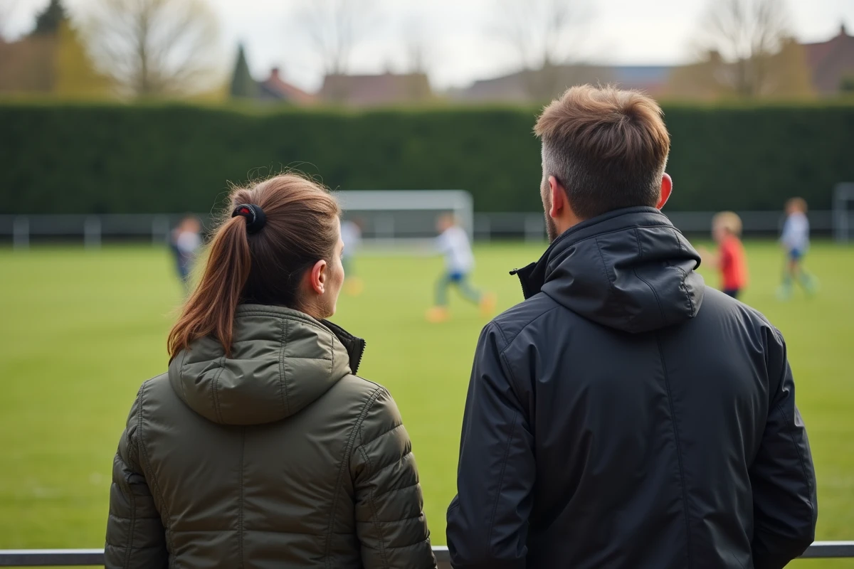 Parents assistant au match de football de leur enfant sur le terrain d'un club jeunes affilié à la FFF 91 en Essonne