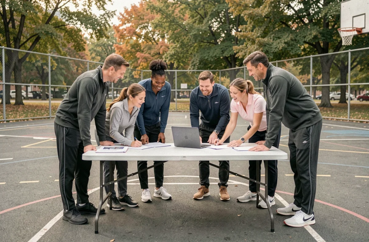 Groupe de bénévoles et coordinateurs sportifs réunis autour d'une table dans un parc urbain pour organiser un partenariat sportif communautaire
