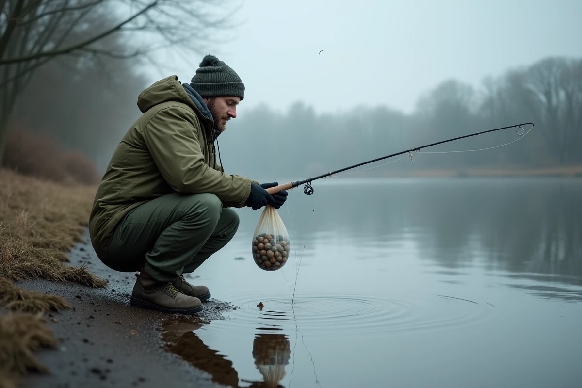 Pêcheur de carpe accroupi en bord de lac hivernal déposant un sac PVA de bouillettes dans une eau froide et sombre avec glace en bordure