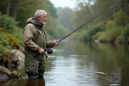 Pêcheur en cuissardes tenant une canne à pêche dans une rivière française, illustrant la carte de pêche 2026