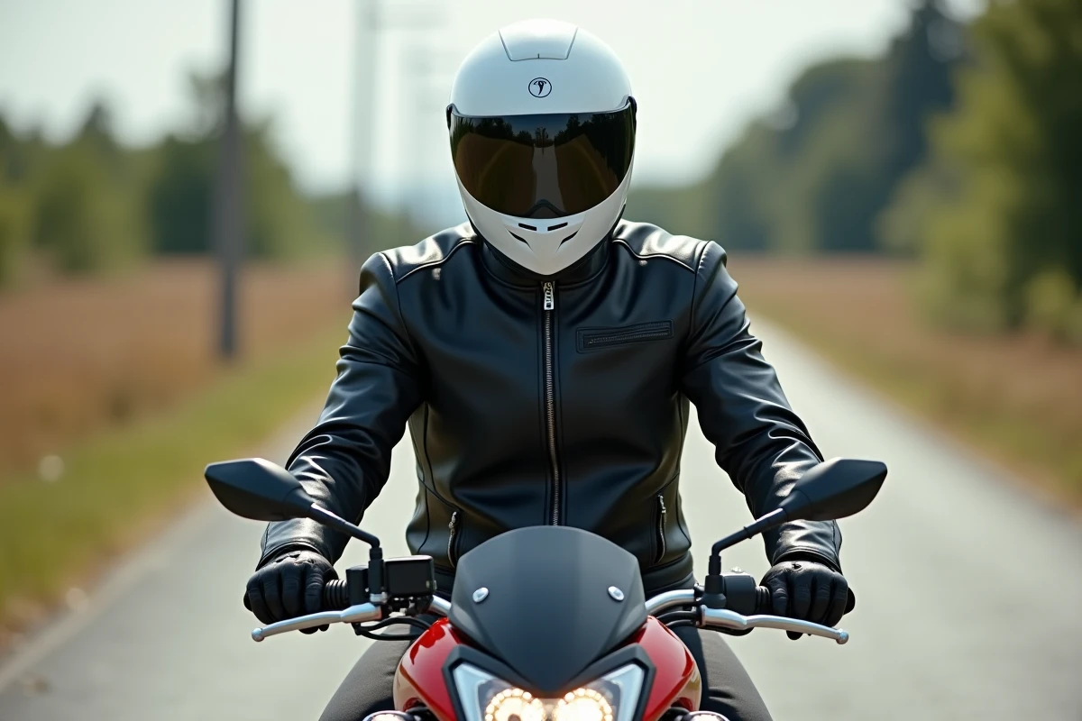 Pilote en veste de cuir noir assis sur une Aprilia RS 125 sur route de campagne, prise de vue en angle 3/4 réaliste