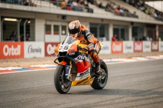 Pilote MotoGP en combinaison de course sur sa moto lors d'un warm-up sur circuit professionnel