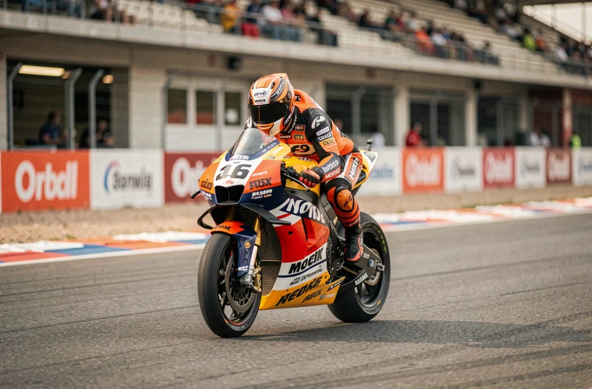 Pilote MotoGP en combinaison de course sur sa moto lors d'un warm-up sur circuit professionnel