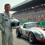 Sport automobile : quel avenir pour cette passion ? Homme en combinaison de course vintage devant une voiture de course